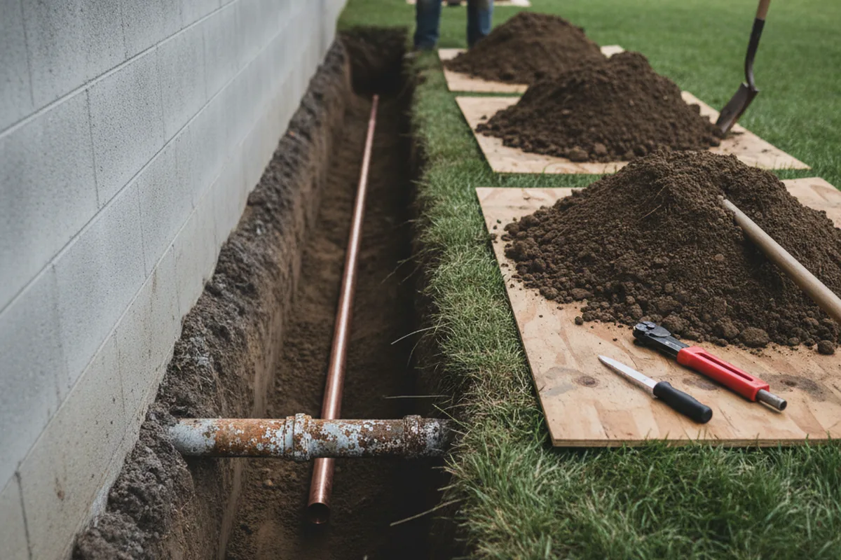 Excavated water line trench during Sewer Line Repair in Buck Creek